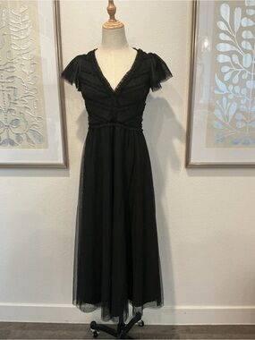 #136 Boden Black V‑Neck Maxi Dress with Sheer Cap Sleeves